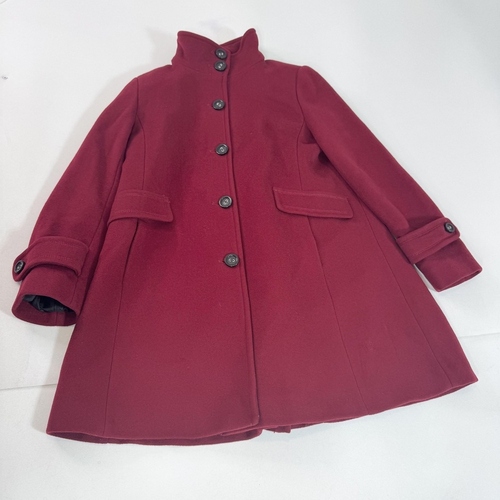 Calvin Klein Coat Womens 6 Red 100% Wool Overcoat Belted Button Front Mid Length